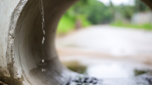A concrete drainage pipe under a road, wet interior with dripping water, tunnel perspective. real-estate listings.
