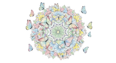 Delicate Pastel Butterfly Mandala Art with Floral Patterns.