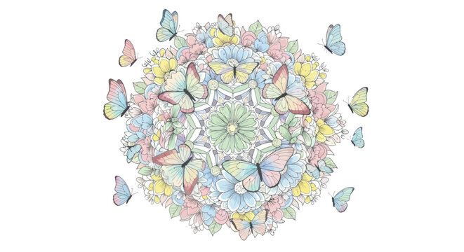 Delicate Pastel Butterfly Mandala Art with Floral Patterns.