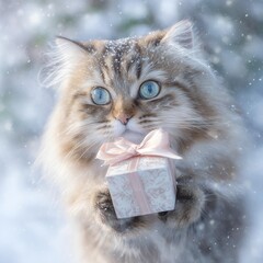 Cute fluffy cat holding gift in pastel winter scene.