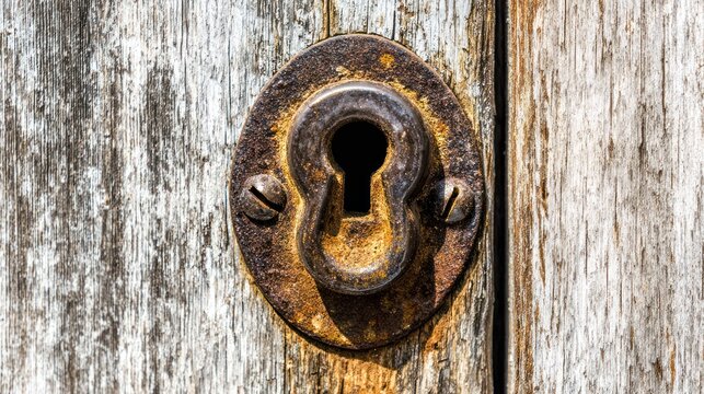 The antique prison door lock has rusty keyholes, a heavy iron structure, and copper green on weathered wood.