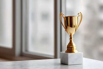 Close-up view of a golden trophy on a marble base with soft lighting