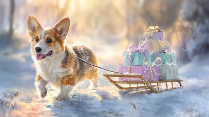 Corgi dog pulling sled with colorful gifts.