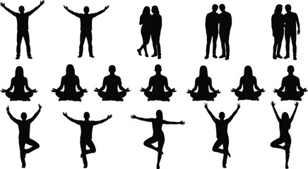 Collection of diverse human silhouettes practicing yoga meditation poses, tree poses, and couple standing figures for fitness wellness illustration design