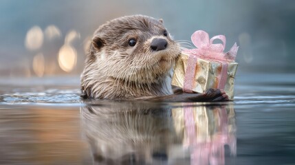 Baby otter floating on icy water holding a small gift