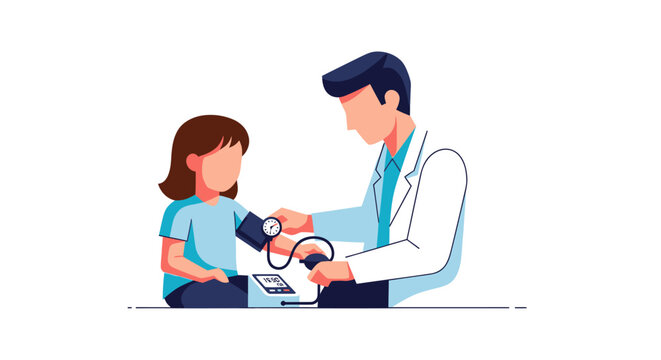 Doctor checking young girls blood pressure with a sphygmomanometer.