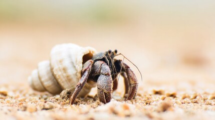 Hermit crab occupying an abandoned seashell on a sandy beach, close-up, natural lighting. wildlife magazines, conservation campaigns, designed for nature documentaries and education.
