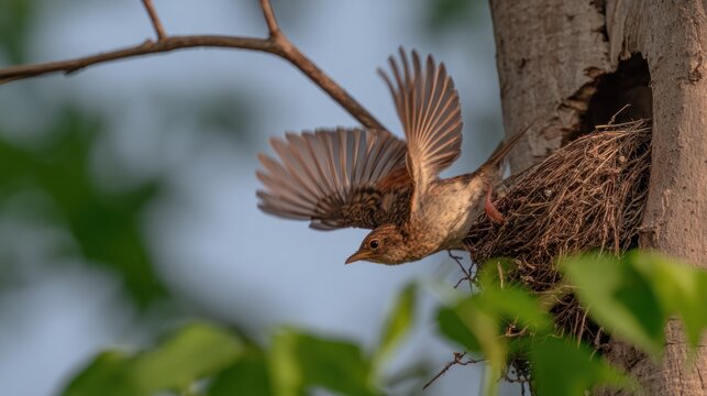 A young fledgling taking its first leap from the nest under soft golden sunrise.
