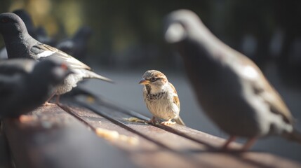 A common sparrow among pigeons pecking crumbs on a city park bench in morning light. wildlife magazines, conservation campaigns, designed for nature documentaries and education.