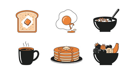 Black and Orange Breakfast Icons Food Collection Coffee Pancakes Fruit Cereal