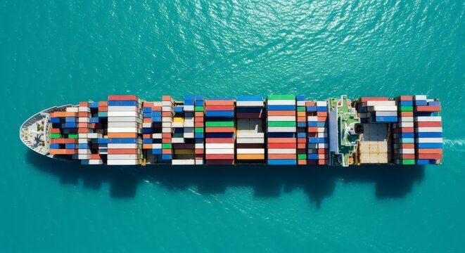 Container ship transporting colorful cargo boxes and freight over blue sea water. Global logistics, export, and import concept for international trade industry.
