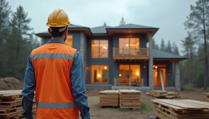 Construction worker in safety vest and helmet looks at newly built modern house. Building site with lumber stacks shows project completion. Evening light illuminates home exterior.