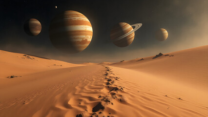 Planets aligned in the night sky. Cosmic footsteps in the sand. Ultra realistic planetary alignment. Discovering celestial events and their significance.