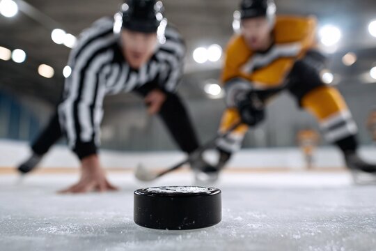 Referee prepares to drop puck for face-off in ice hockey game