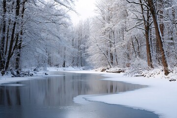 Frozen river winding through a snowy forest landscape in winter