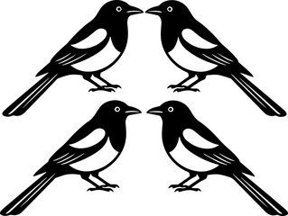 Four magpies in silhouette, facing each other in pairs, clean design