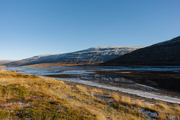 An Iceland scenic landscape with mountains reflecting in calm water view.