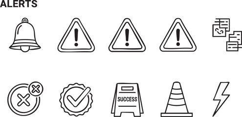 Set of various alert icons. Including the Bell, Danger, Check mark, exclamation mark, warning and lightning symbols