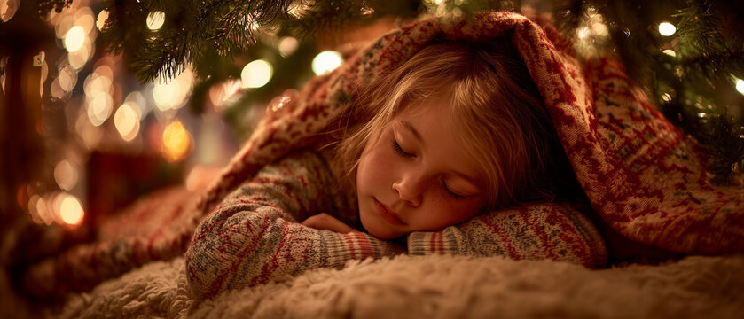 close-up of face 7-year-old blond girl sleeping under christmas tree