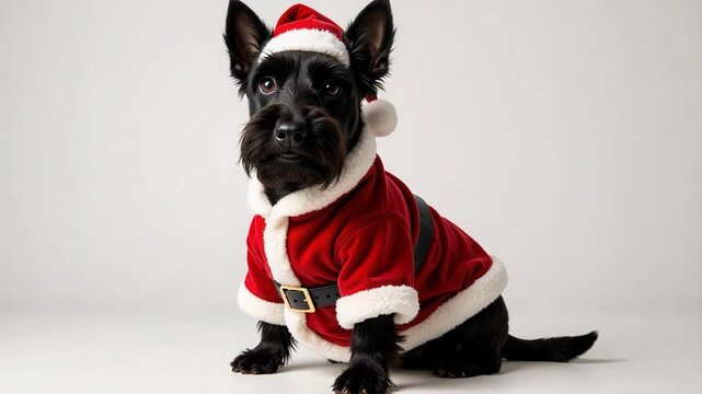 Festive Santa Scottish Terrier! Adorable dog in full Christmas costume against white background, perfect for holiday fun and festive cheer in 4k