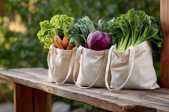 Freshly harvested organic vegetables in reusable cotton bags - Powered by Adobe