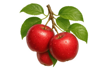 Obraz premium Ripe red apples on a branch with green leaves and water drops, symbolizing freshness, health, and natural produce