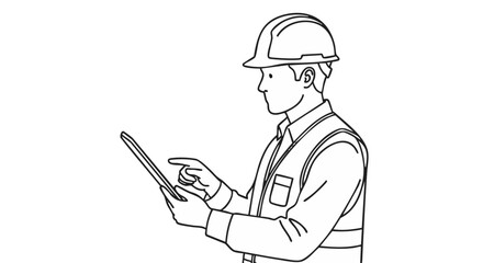 A diligent male engineer wearing a protective hard hat and safety vest meticulously reviews digital plans on a tablet, symbolizing modern construction and project management.