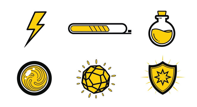 Yellow Game Power Up Icons Set Energy Magic Shield Resource Status Bar