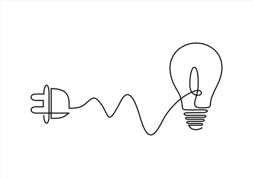 Continuous line drawing light bulb connected in a socket with a plug. One line luminous light bulb isolated on white background. Hand drawn creative idea. Vector illustration
