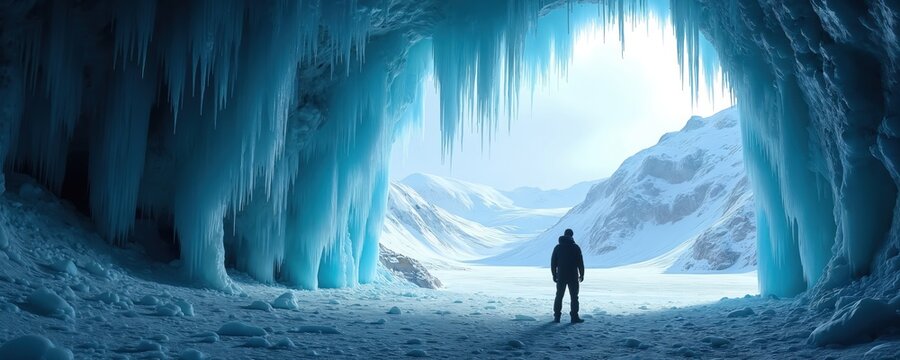 Lone person stands inside massive ice cave with frozen icicles hanging from ceiling. Outside view shows snow covered mountains, bright sky. Traveler explores glacial landscape, icy formations. Cold