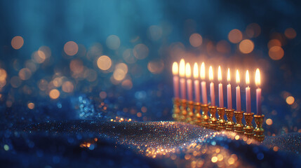 elegant hanukkah menorah with glowing candles on sparkling festive background, traditional holiday symbol displayed in warm candlelight for seasonal greetings celebrations and judaica designs