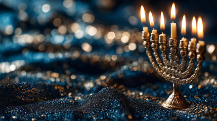 elegant hanukkah menorah with glowing candles on sparkling festive background, traditional holiday symbol displayed in warm candlelight for seasonal greetings celebrations and judaica designs