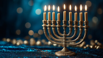 elegant hanukkah menorah with glowing candles on sparkling festive background, traditional holiday symbol displayed in warm candlelight for seasonal greetings celebrations and judaica designs