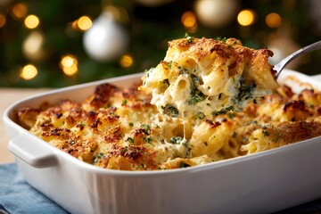 Creamy four-cheese pasta casserole served during festive season