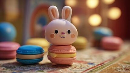 Cute bunny toy figurine crafted from pastel macarons sitting on a colorful whimsical patterned surface, surrounded by other bright sweet dessert models, creating a playful and decorative scene