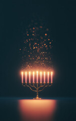 Naklejka premium elegant hanukkah menorah with glowing candles standing on reflective surface, golden festive lights rising upward like sparkling particles, minimalist holiday composition for seasonal greetings 