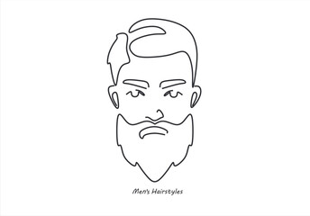 line drawing of adult man portrait with beard and mustache. Fashionable men's style vector illustration. line drawing. Editable stroke. 