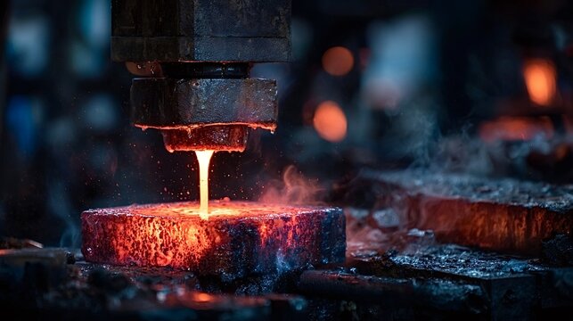 Molten red hot liquid metal pouring from a machinery press into a glowing steel ingot, forging and shaping industrial manufacturing processes in a dark factory setting - Powered by Adobe
