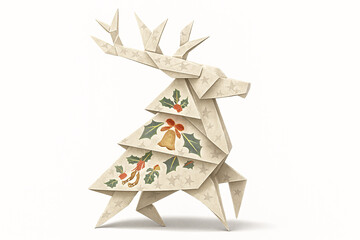 Mythical Origami Hybrid: Reindeer Tree with Holly and Bell Patterns