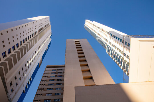 Bottom-up view of famous buildings in the city of Balneario Camboriu, Santa Catarina, Brazil.