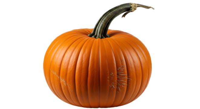 A vibrant orange pumpkin with a green stem, symbolizing autumn and harvest celebrations