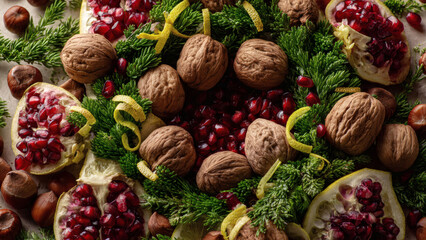 Fototapeta premium Vibrant and earthy flat lay arrangement of fresh winter greens, ruby red pomegranates, rustic walnuts, and hazelnuts, perfectly capturing the natural essence of the holiday season