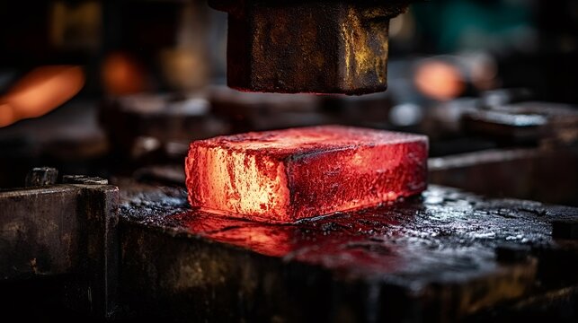 Glowing hot steel block undergoing intense forging process under a powerful hydraulic press, demonstrating heavy industry, metallurgy, and the manufacturing of durable materials - Powered by Adobe