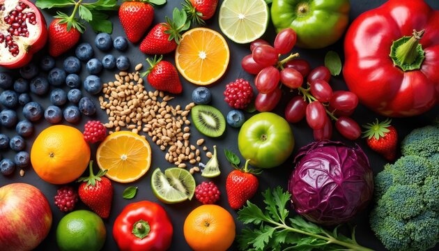 Colorful flat lay of fresh fruits, vegetables, berries on black background. Healthy organic raw food assortment for vegan diet, nutrition. Wholesome harvest with strawberry, orange, broccoli, pepper,