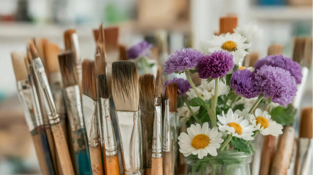 Artist brushes next to a fresh bouquet of daisies and purple flowers, symbolizing creative inspiration and artistic process