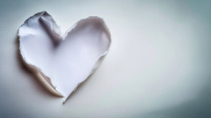 White paper heart shape, torn from a sheet, creating a deep void on a soft white surface. Concept of loss, emptiness