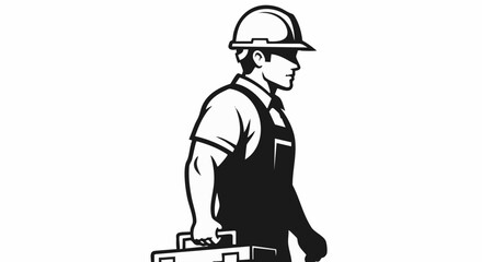 A skilled male construction worker or handyman, wearing a hard hat and overalls, confidently walks with his essential toolbox, symbolizing professional service and industrial expertise.