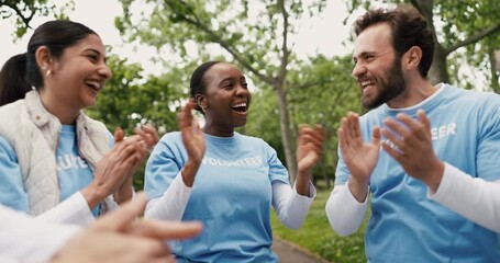 Volunteer, team or applause in park for community service, positive impact or conservation success. Clapping, green project or people celebrate for trash cleaning, ngo or nature protection from below - Powered by Adobe