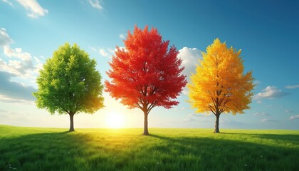 Three trees in different seasons. Green tree represents spring, summer. Red tree symbolizes autumn. Yellow tree signifies fall. Trees stand in field with green grass. Blue sky with clouds, sunny day.