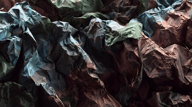 Textured crumpled paper in blue green and terracotta hues, full frame abstract terrain with dramatic light and shadow suggesting rugged rock formations and mountain like relief